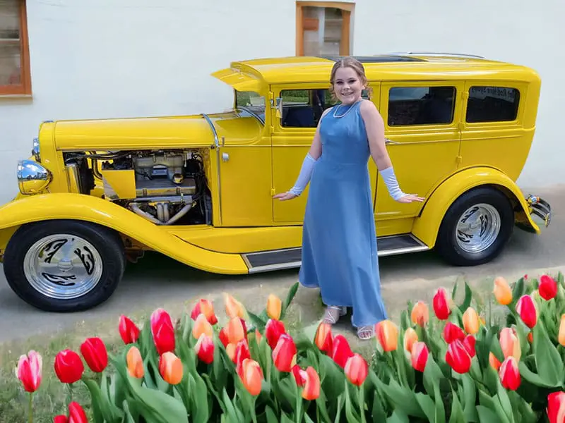 A schoolgirl arrives in style at her school formal, in our yellow hot rod – the perfect choice for formal car hire